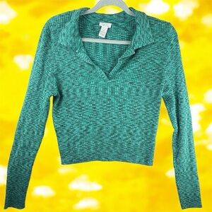 Rue21 Teal Ribbed Knit Collared V-Neck  Long Sleeve Sweater XL Grunge Punk 90s